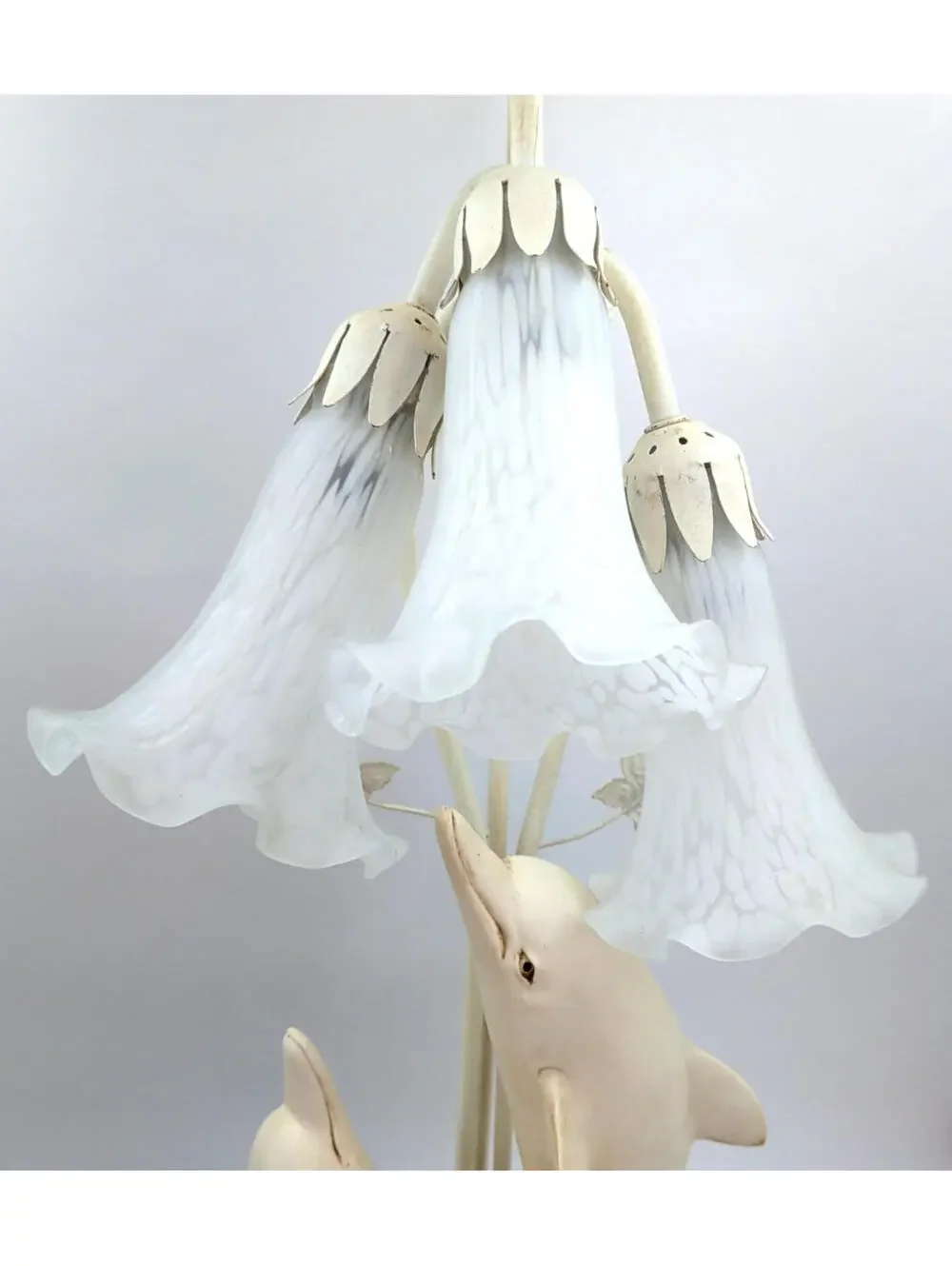 VTG Ceramic Sculpted 3D Dolphins Table Lamp 3 Lights Glass Tulip Shades 30